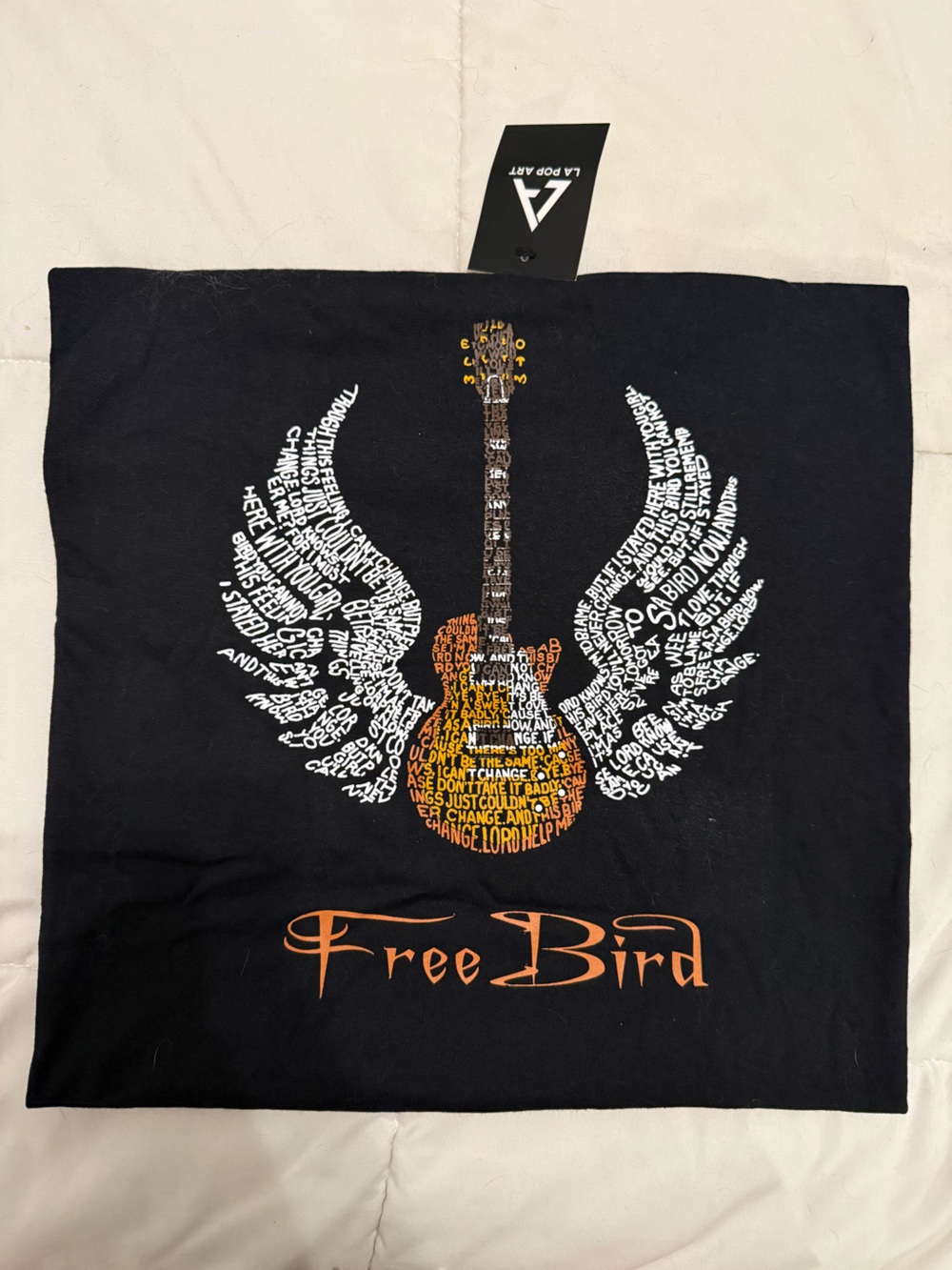 Freebird Black Tee Art Print — White & Orange Guitar Typography
